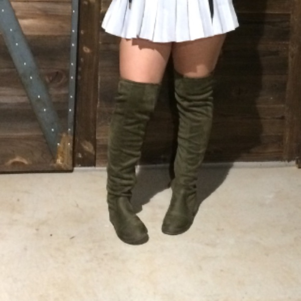 Over the knee army green boots